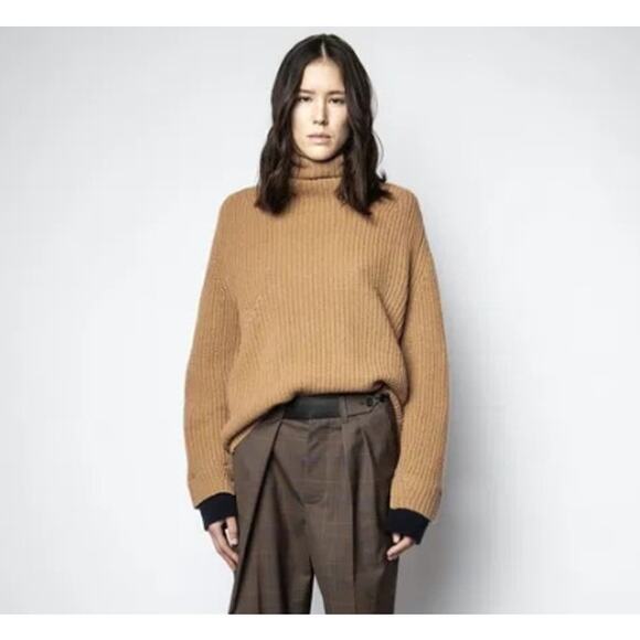 XS Zadig & Voltaire Eloi Cashmere Wool Sweater Tan High Neck Luxury Sustainable - Picture 1 of 7